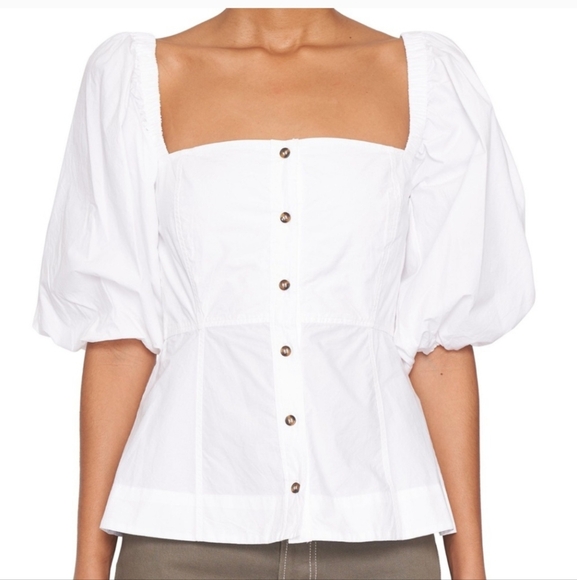 WOMEN'S GANNI WHITE BUTTON DOWN PUFF SLEEVE SHIRT BLOUSE TOP $225 - Picture 1 of 6